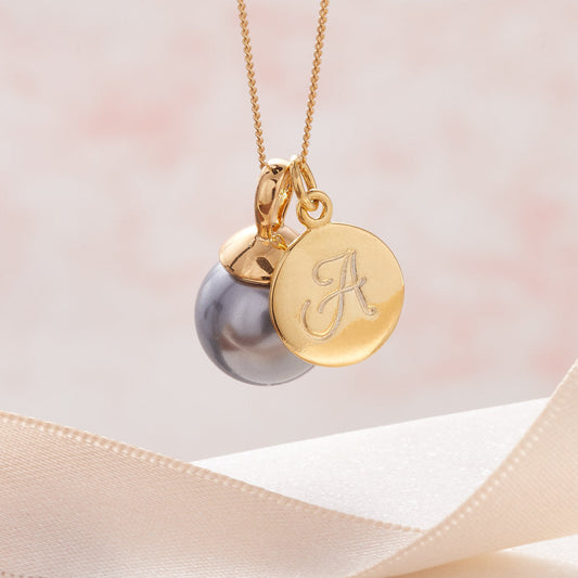 Grey Pearl Necklace With Gold Initial Disc Charm