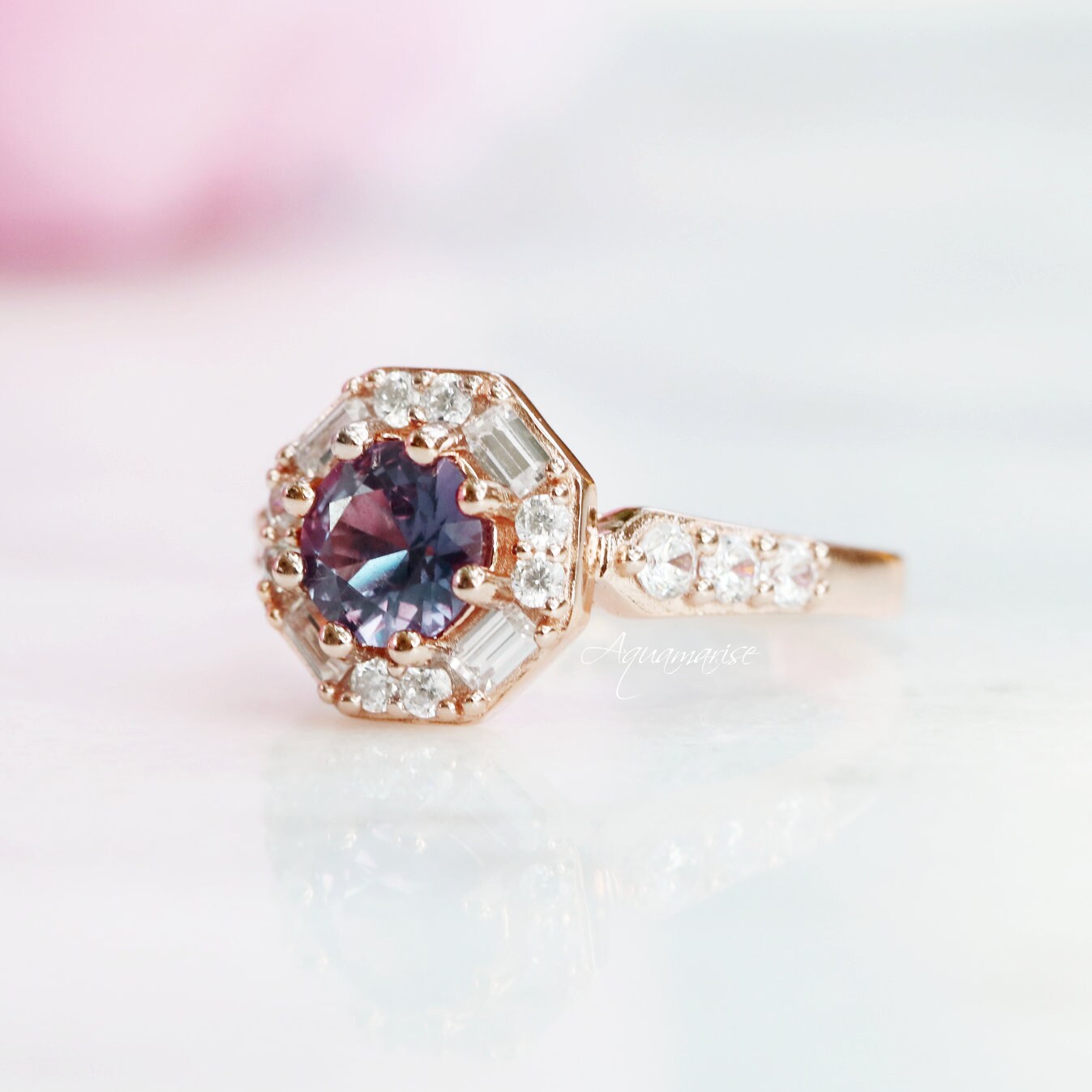 Hexagon Alexandrite Ring- 14K Rose Gold Vermeil