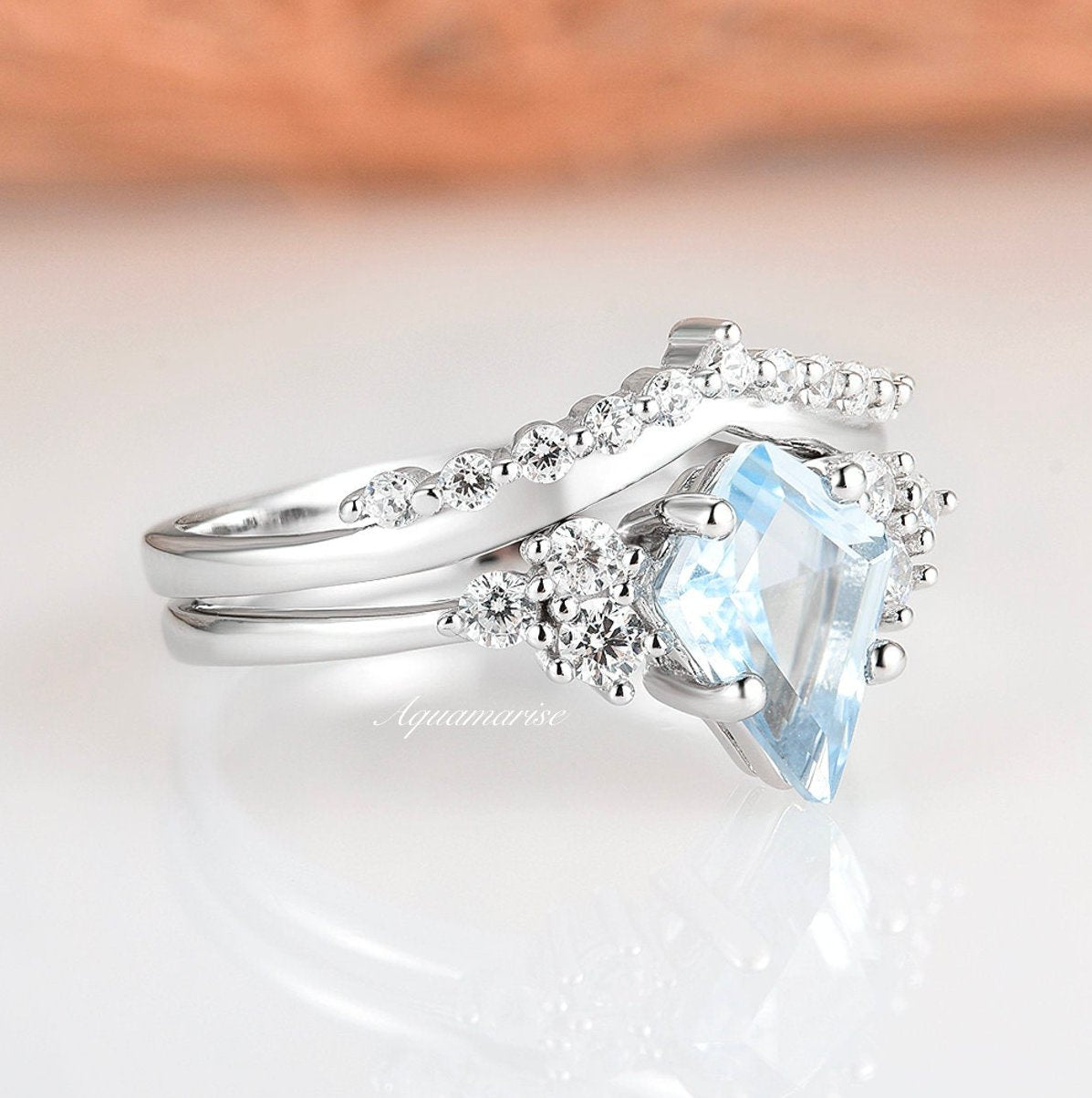 Skylar Aquamarine Engagement Ring Set- 14K Solid White Gold