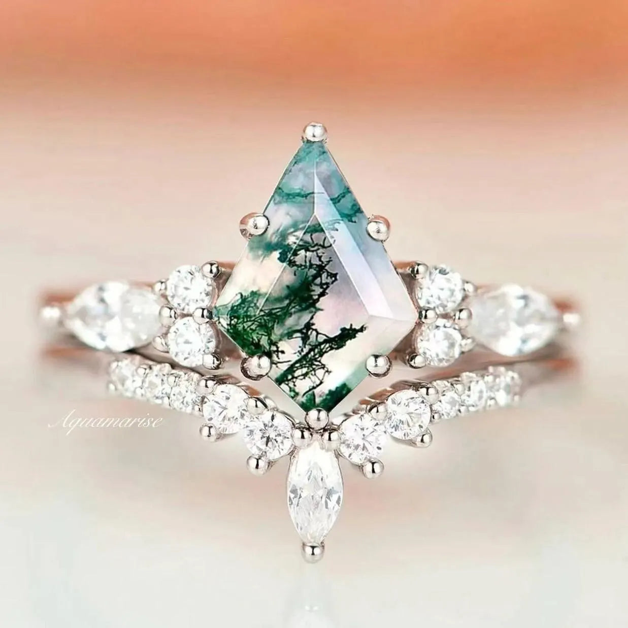 Skye Kite™  Green Moss Agate Engagement Ring Set- 14K White Gold