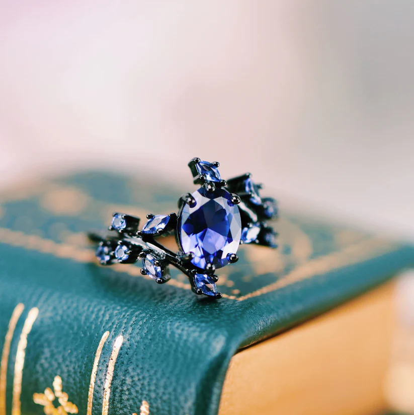 Cornflower Sapphire & Galaxy Orion Nebula Black Couples Ring- His and Hers Ring Set