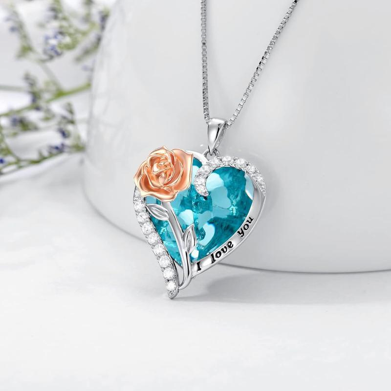 S925 Rose Crystal Necklace Heart Pendant｜Birthday Christmas Gifts for Women