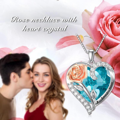 S925 Rose Crystal Necklace Heart Pendant｜Birthday Christmas Gifts for Women