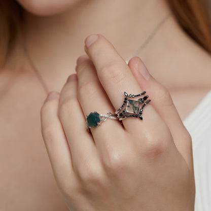 Green Moss Agate Natural Ring Set