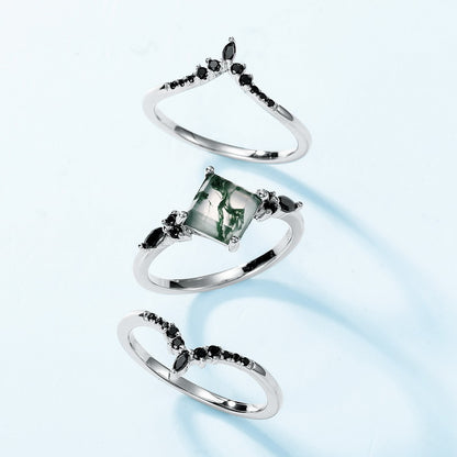 Green Moss Agate Natural Ring Set