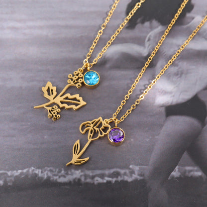 Birthstone Flower Month Clavicle Necklace