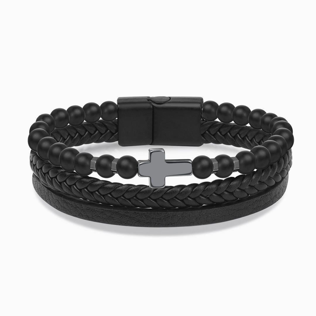 To My Son, Pray Through It Obsidian Leather Bracelet