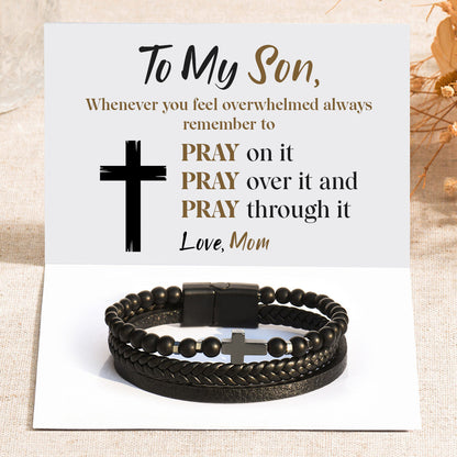 To My Son, Pray Through It Obsidian Leather Bracelet